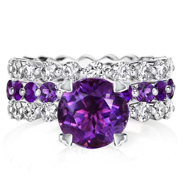 Round Cut Purple and White Sapphire Eternity 3-Piece Wedding Ring Set in Sterling Silver