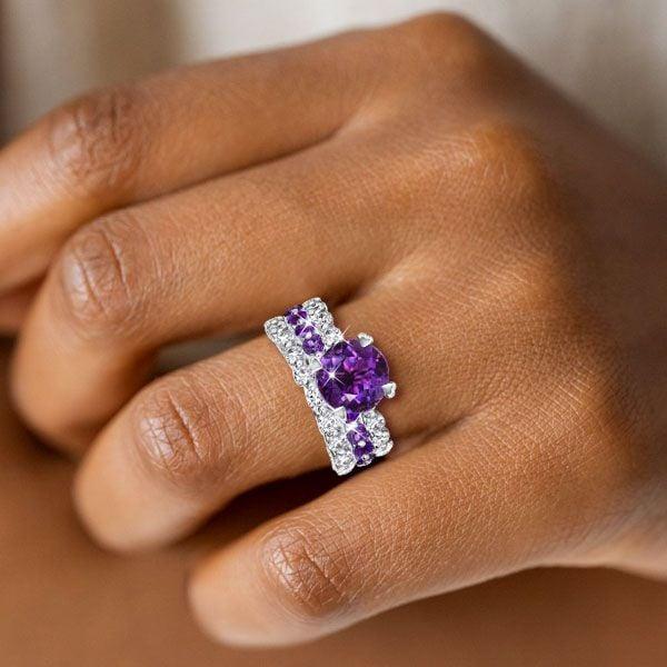 Round Cut Purple and White Sapphire Eternity 3-Piece Wedding Ring Set in Sterling Silver