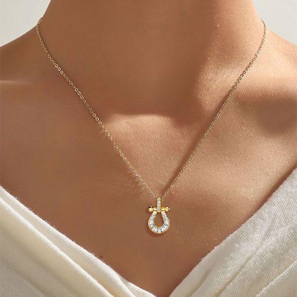 18K Gold Plated Horseshoe Pendant Necklace for Women - Sterling Silver Channel Setting