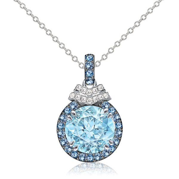 Aquamarine Halo Pendant Necklace - Sterling Silver - 4.27 CT. TW