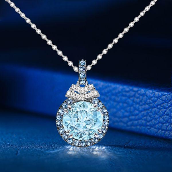 Aquamarine Halo Pendant Necklace - Sterling Silver - 4.27 CT. TW