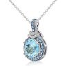 Aquamarine Halo Pendant Necklace - Sterling Silver - 4.27 CT. TW