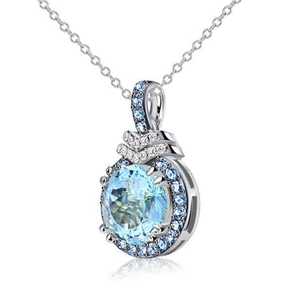 Aquamarine Halo Pendant Necklace - Sterling Silver - 4.27 CT. TW