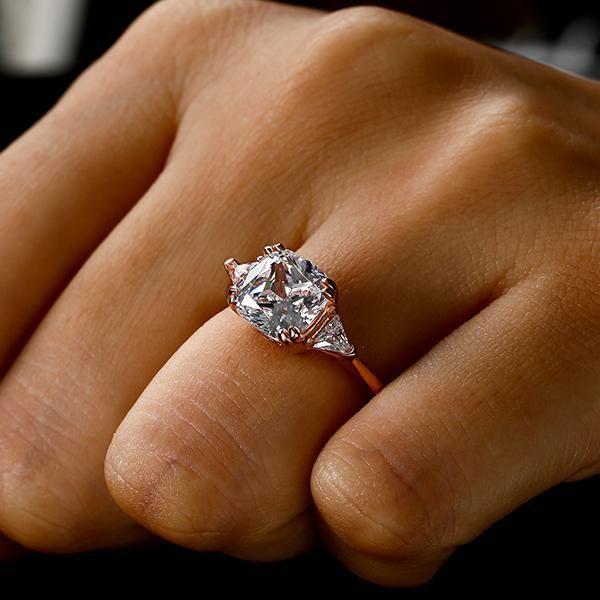Rose Gold Cushion Cut White Sapphire Engagement Ring Set - 3 Stone Sterling Silver