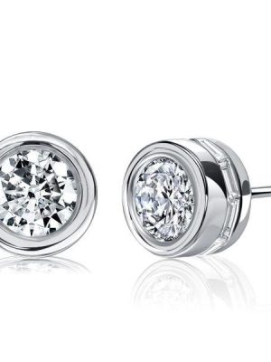 Baguette Hidden Halo Stud Earrings - Bezel Set - Sterling Silver