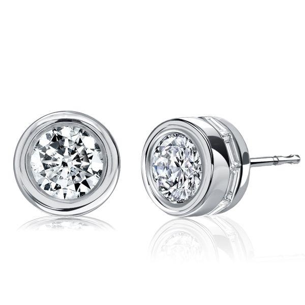 Baguette Hidden Halo Stud Earrings - Bezel Set - Sterling Silver
