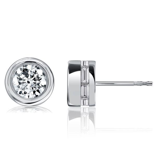 Baguette Hidden Halo Stud Earrings - Bezel Set - Sterling Silver