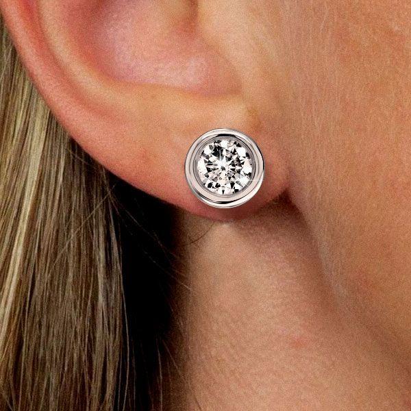Baguette Hidden Halo Stud Earrings - Bezel Set - Sterling Silver