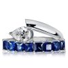 Sterling Silver Princess & Pear Cut Blue Sapphire Engagement Wedding Ring