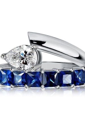 Sterling Silver Princess & Pear Cut Blue Sapphire Engagement Wedding Ring