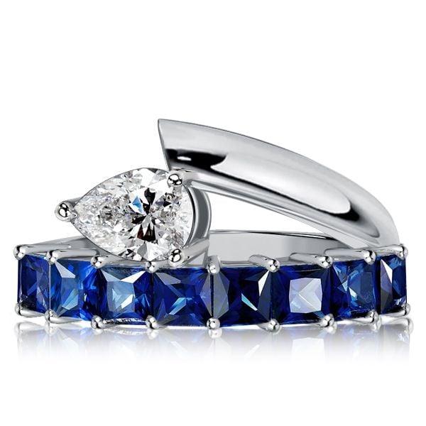 Sterling Silver Princess & Pear Cut Blue Sapphire Engagement Wedding Ring