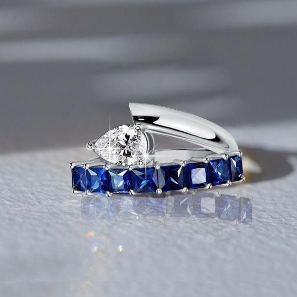 Sterling Silver Princess & Pear Cut Blue Sapphire Engagement Wedding Ring