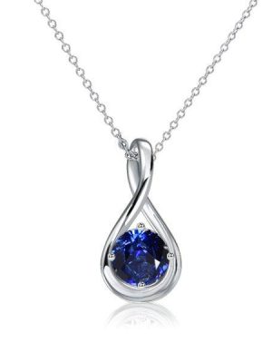 Blue Sapphire Round Cut Drop Pendant Necklace - 925 Sterling Silver