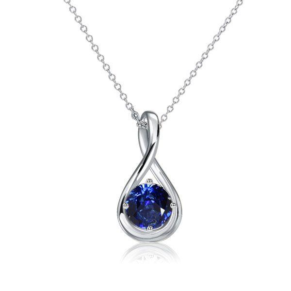 Blue Sapphire Round Cut Drop Pendant Necklace - 925 Sterling Silver