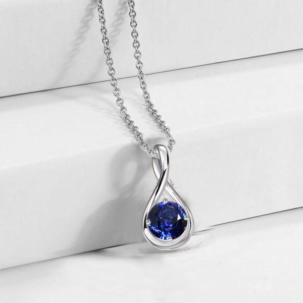 Blue Sapphire Round Cut Drop Pendant Necklace - 925 Sterling Silver
