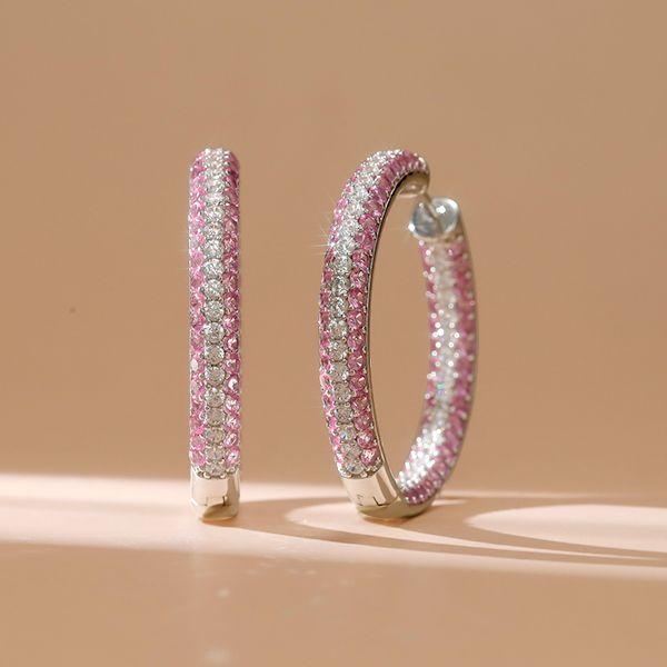 Pink Sapphire Micro-Pave Oval Hoop Earrings - Sterling Silver