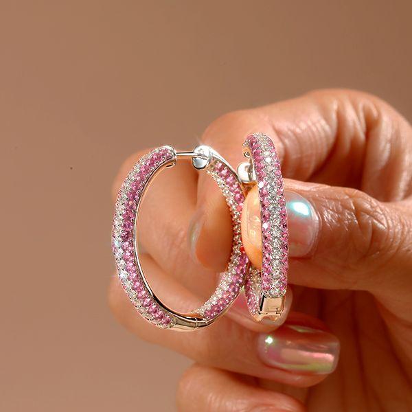 Pink Sapphire Micro-Pave Oval Hoop Earrings - Sterling Silver