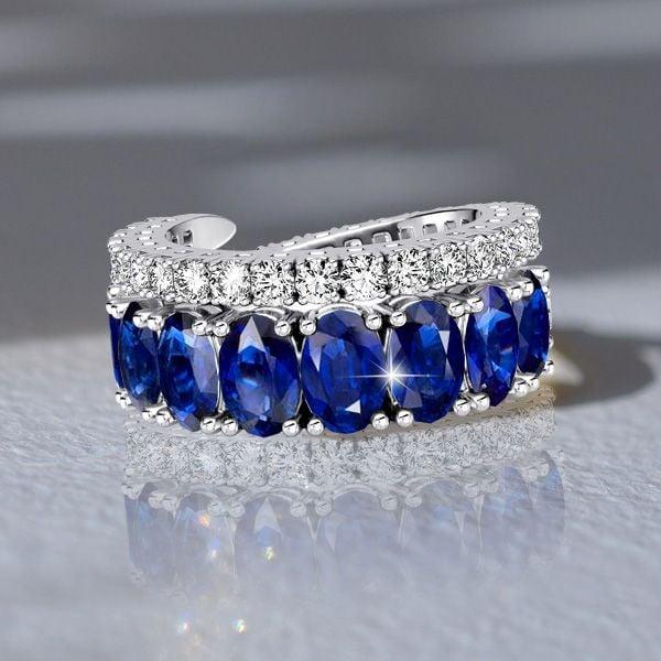 Oval Cut Blue Sapphire Ring for Women in 925 Sterling Silver with Spiral Design