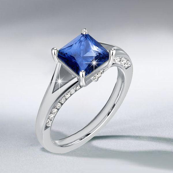 Princess Cut Blue Sapphire Engagement Ring - 925 Sterling Silver