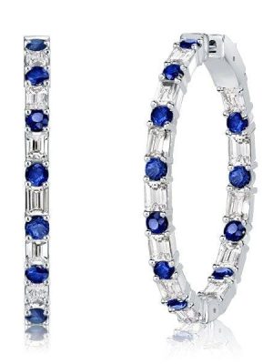 Sterling Silver Baguette Blue Sapphire Hoop Earrings, 7.20 CT. TW.