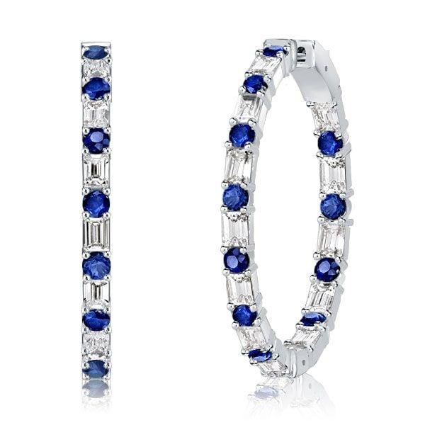 Sterling Silver Baguette Blue Sapphire Hoop Earrings, 7.20 CT. TW.