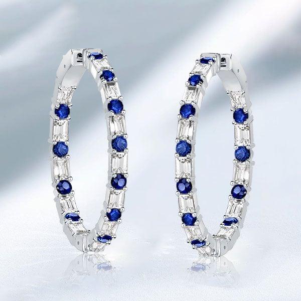 Sterling Silver Baguette Blue Sapphire Hoop Earrings, 7.20 CT. TW.