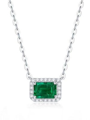 Emerald Halo Pendant Necklace in 925 Sterling Silver with Rhodium Finish