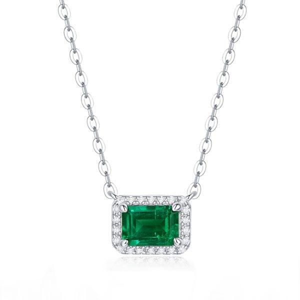 Emerald Halo Pendant Necklace in 925 Sterling Silver with Rhodium Finish