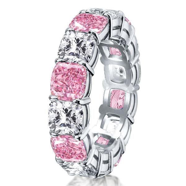 White and Pink Sapphire Cushion Cut Eternity Band in Sterling Silver