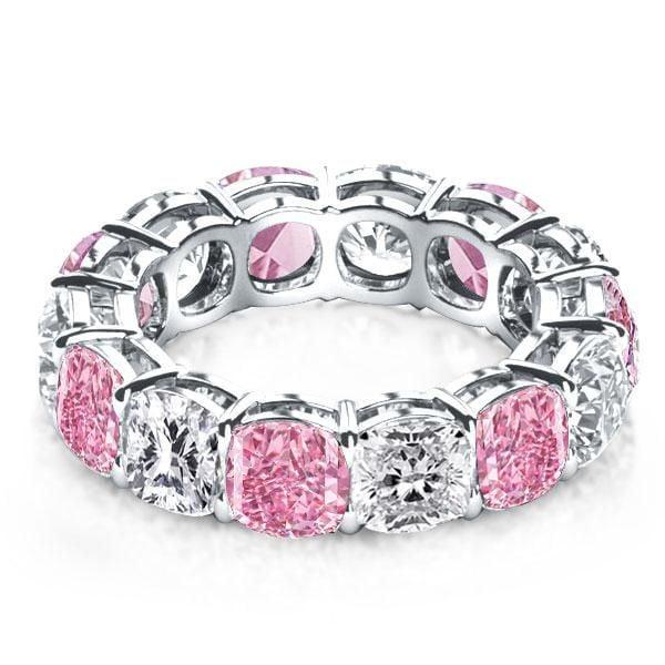 White and Pink Sapphire Cushion Cut Eternity Band in Sterling Silver