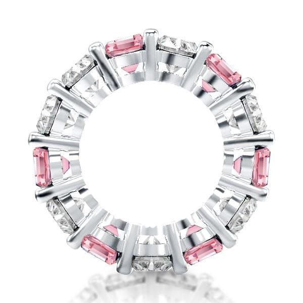 White and Pink Sapphire Cushion Cut Eternity Band in Sterling Silver