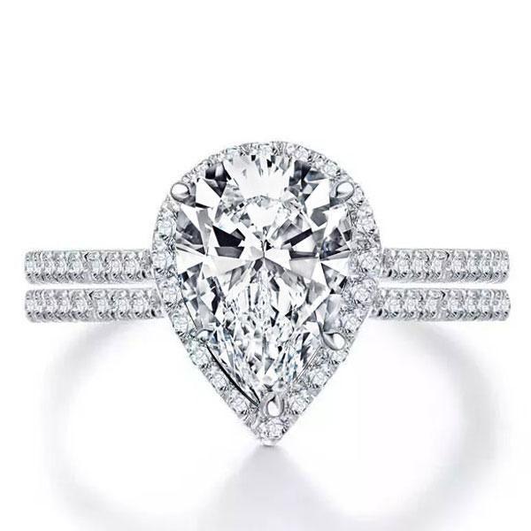Pear Cut White Sapphire Bridal Set - Sterling Silver Wedding Ring Set