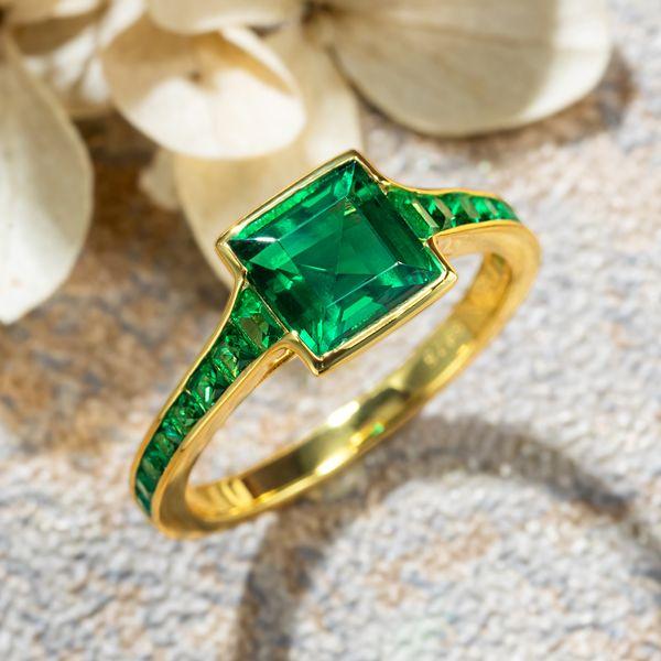 Asscher Cut Emerald Engagement Ring - 18K Gold Plated Sterling Silver Bezel Setting