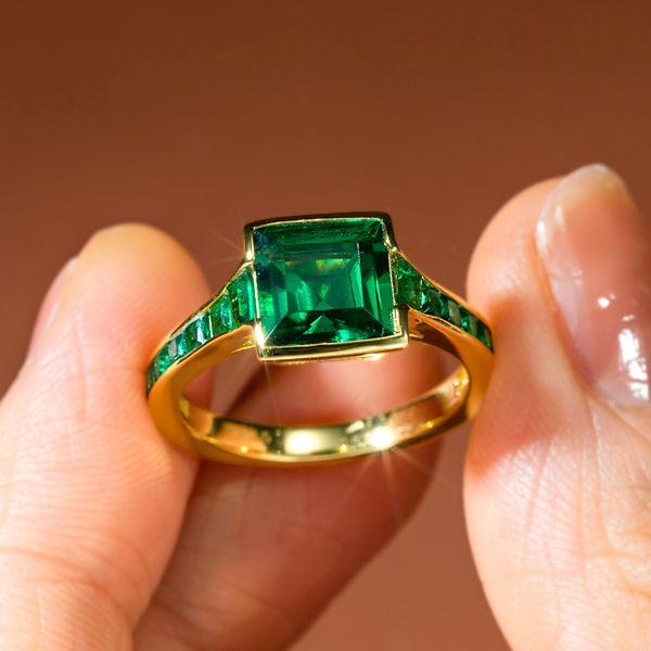 Asscher Cut Emerald Engagement Ring - 18K Gold Plated Sterling Silver Bezel Setting