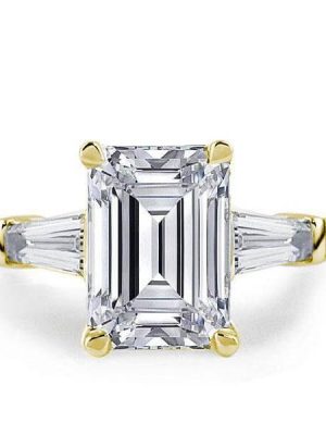 Emerald & White Sapphire Three Stone Engagement Ring - 18K Gold Plated Sterling Silver