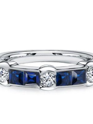 Channel Set Asscher Cut Blue Sapphire Half Eternity Band in Sterling Silver