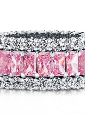 Triple Row Pink Created Stone Wedding Band in Sterling Silver