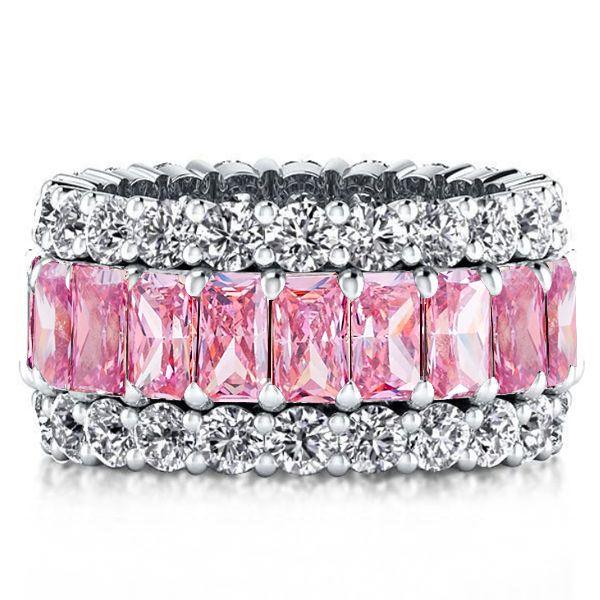 Triple Row Pink Created Stone Wedding Band in Sterling Silver