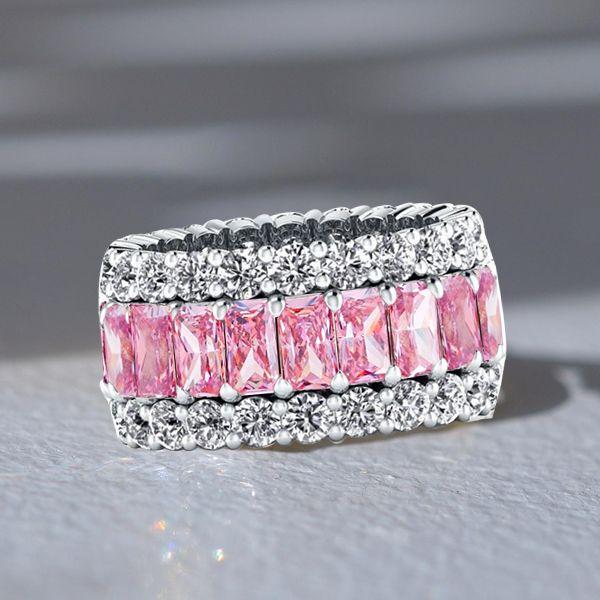 Triple Row Pink Created Stone Wedding Band in Sterling Silver