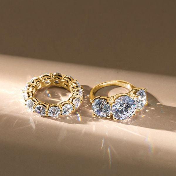 18K Gold Plated Sterling Silver Three Stone Engagement and Wedding Ring Set for Women