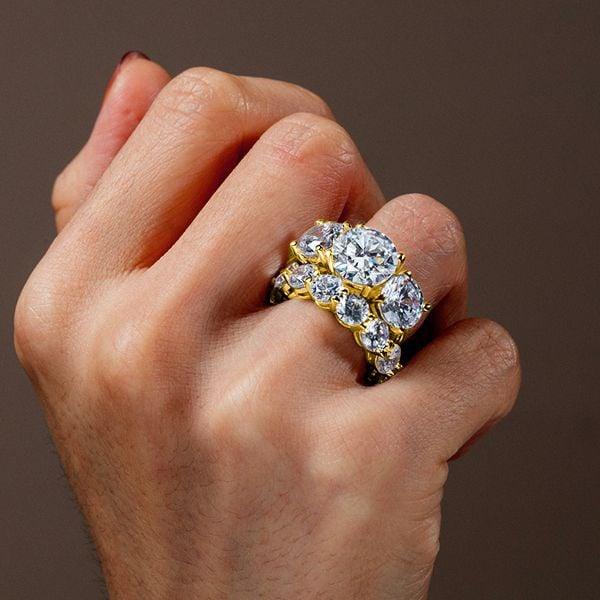 18K Gold Plated Sterling Silver Three Stone Engagement and Wedding Ring Set for Women