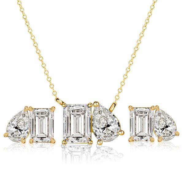 Toi Et Moi Emerald & Pear Cut Necklace and Earrings Jewelry Set in 18K Gold Plated Sterling Silver