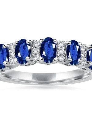 Oval Blue Stone Half Wedding Band in 925 Sterling Silver with Rhodium Finish