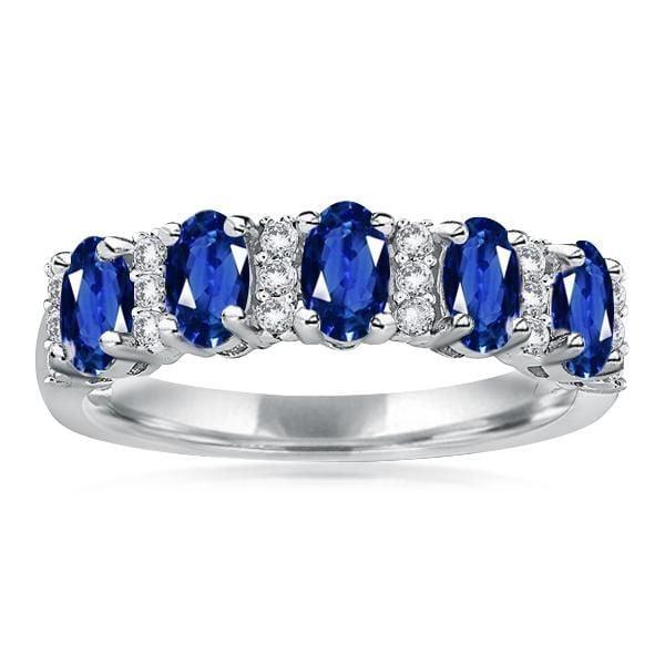 Oval Blue Stone Half Wedding Band in 925 Sterling Silver with Rhodium Finish