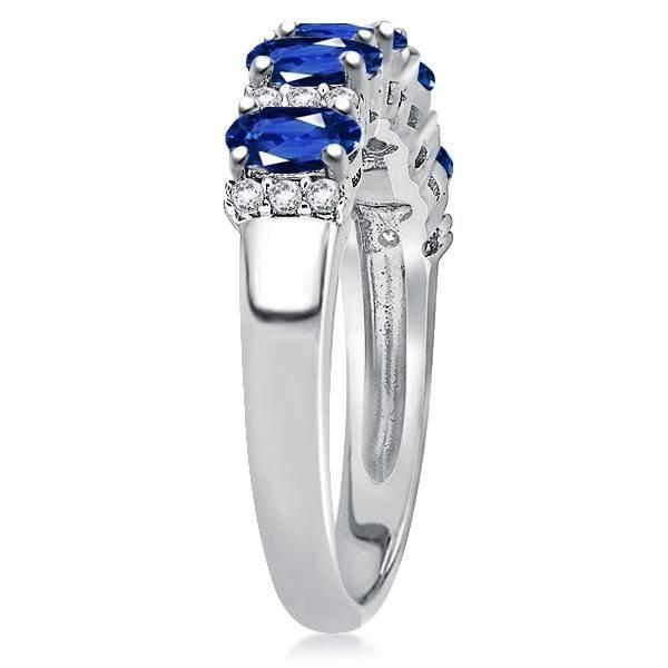 Oval Blue Stone Half Wedding Band in 925 Sterling Silver with Rhodium Finish