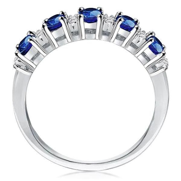 Oval Blue Stone Half Wedding Band in 925 Sterling Silver with Rhodium Finish