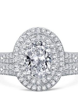 Double Halo Oval White Sapphire Bridal Set - 925 Sterling Silver
