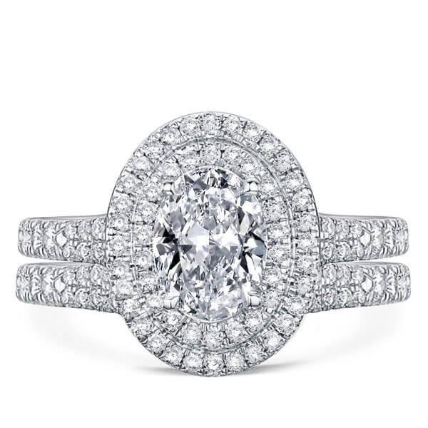 Double Halo Oval White Sapphire Bridal Set - 925 Sterling Silver