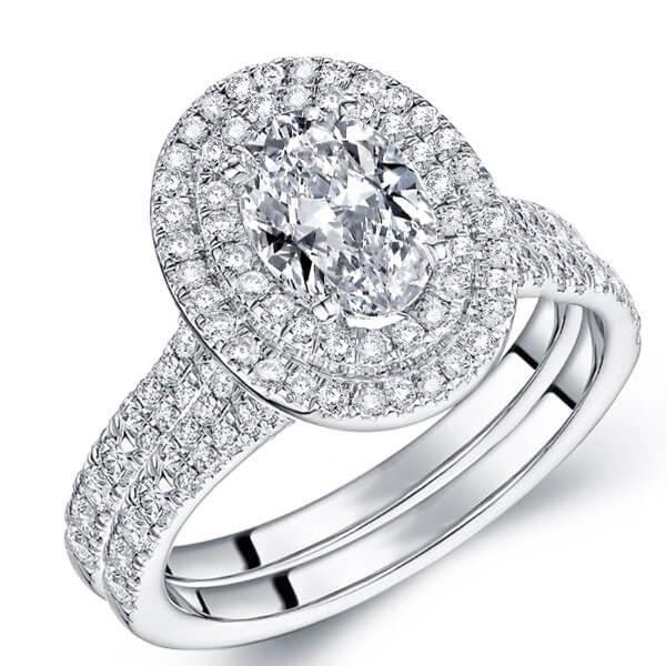 Double Halo Oval White Sapphire Bridal Set - 925 Sterling Silver