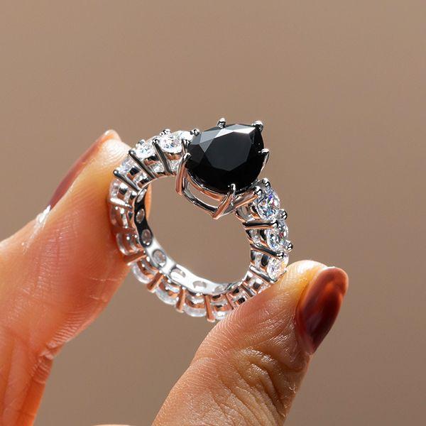 Black Sapphire Pear Cut Engagement Ring - 925 Sterling Silver Promise Ring